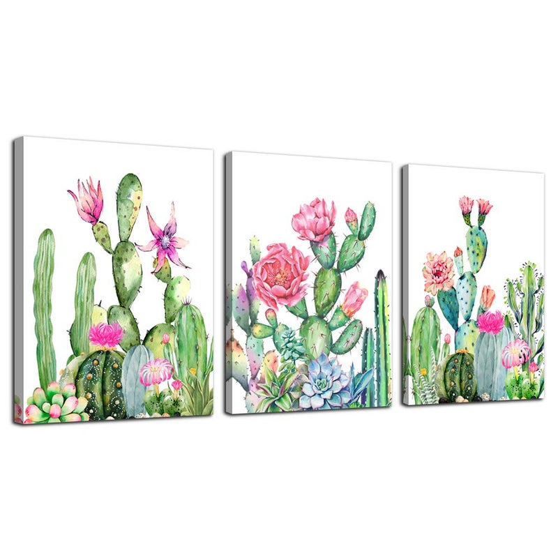 TTHYUEWS Canvas Wall Art for living room bathroom Wall Decor for bedroom kitchen artwork Canvas Prints green cactus flowers painting 12" x 16" 3 Pieces Modern framed office Home decorations family picture - Image 1